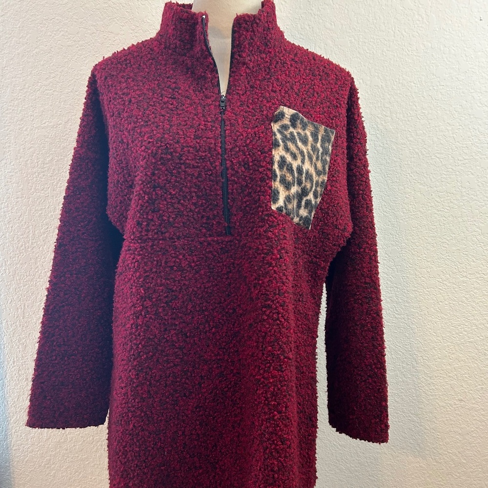 Women’s Lilypad Brand Maroon w/ Cheetah Print Pocket Fleece Jacket | Size L
